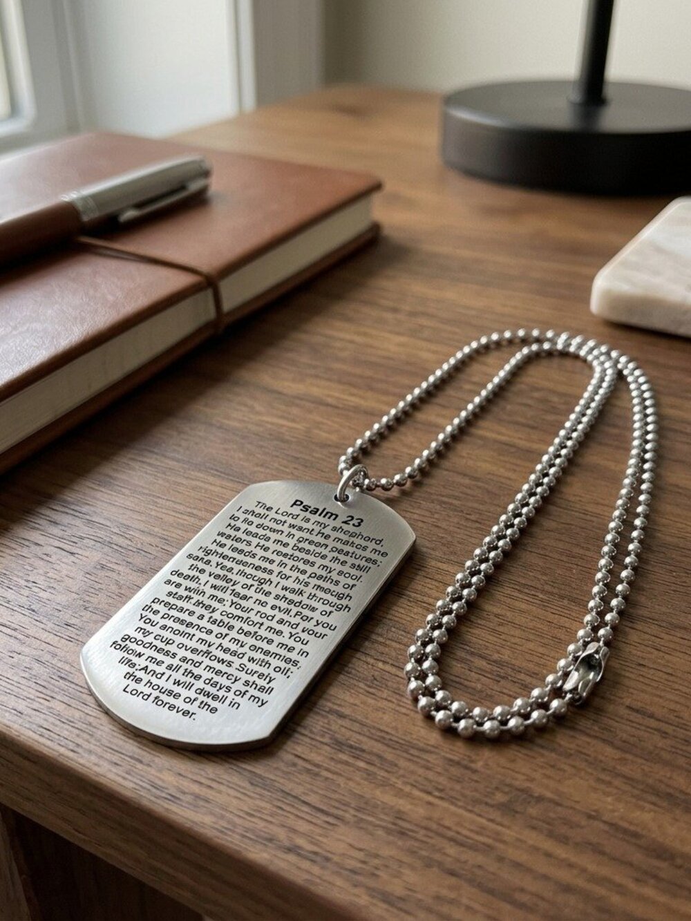 Mens Psalm 23 Dog Tag Necklace Stainless Steel Bible Verse Silver Ball Chain